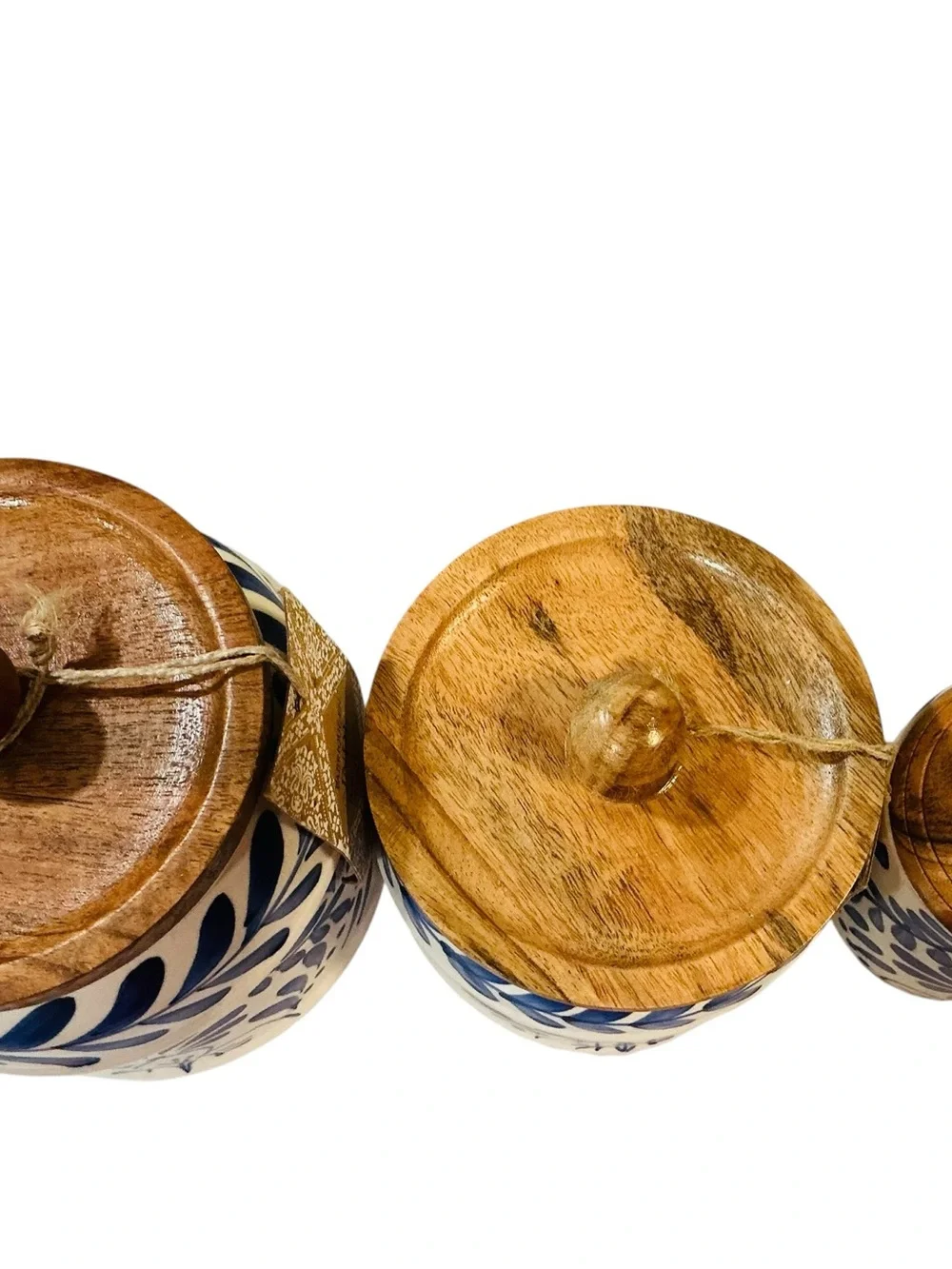 Blue Floral Ceramic Canister set with Wood Lid - White and Blue